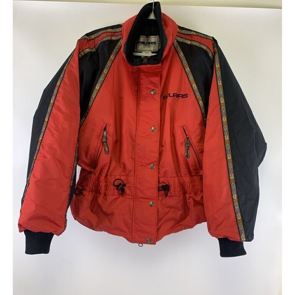 Polaris Vintage Red Ski Jacket Bomber Multi Ribbon Trim Nylon Zip Womens Large